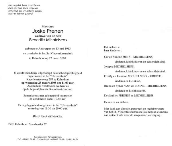 Overlijdensbrief Joske Prenen